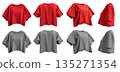 2 Set of red maroon grey gray woman loose cropped midriff tee t shirt round neck front, back and side view on transparent background cutout, PNG file. Mockup template f 135271354