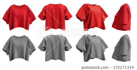 2 Set of red maroon grey gray woman loose cropped midriff tee t shirt round neck front, back and side view on transparent background cutout, PNG file. Mockup template f 135271354