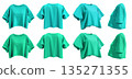 2 Set of turquoise blue green woman loose cropped midriff tee t shirt round neck front, back and side view on transparent background cutout, PNG file. Mockup 135271355