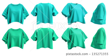 2 Set of turquoise blue green woman loose cropped midriff tee t shirt round neck front, back and side view on transparent background cutout, PNG file. Mockup 2 Set of turquoise blue green woman loose cropped midriff tee t shirt round neck front, back and side view on transparent background cutout, PNG file. Mockup 135271355
