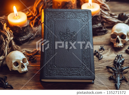 Weathered wooden surface hosting vintage spellbook, flickering candles, human skulls, mystical occult artifacts casting shadowy supernatural ambiance Weathered wooden surface hosting vintage spellbook, flickering candles, human skulls, mystical occult artifacts casting shadowy supernatural ambiance 135271572
