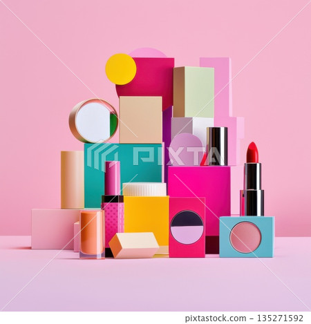 Makeup products arranged on geometric blocks, presenting colorful design with artistic styling against pastel pink background highlighting cosmetic aesthetic 135271592
