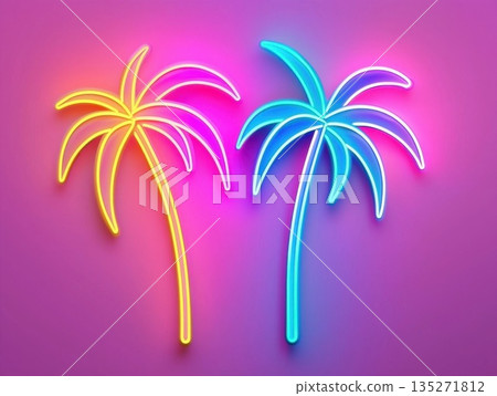 Neon palm silhouettes illuminating vivid pink background, evoking retro tropical ambiance with electric vibrancy and nighttime energy 135271812