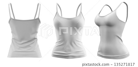 Set of woman white, front, back and side view Spaghetti thin strappy Strap Camisole tank cami Top on transparent background cutout, PNG file. Mockup template  135271817