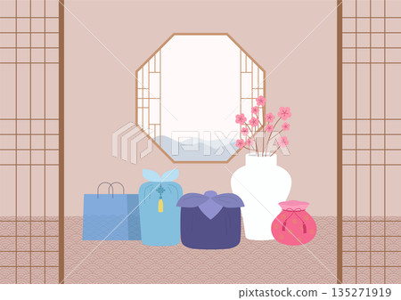 Traditional Korean Gifts and Spring Blossoms in a Hanok Interior. 135271919