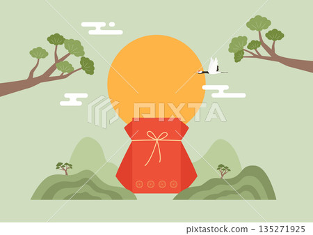 Vector illustrations of Korean traditional lucky bag and landscape. 135271925