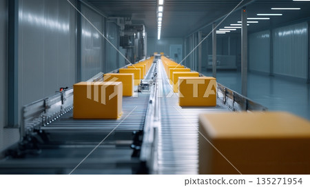 Rows of yellow delivery boxes moving on... - Stock Illustration ...