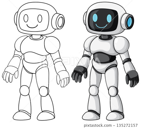 Friendly Humanoid Robot Character Line Art and Color Illustration 135272157