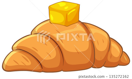 Golden Brown Flaky Croissant Topped with a Square of Yellow Butter 135272162
