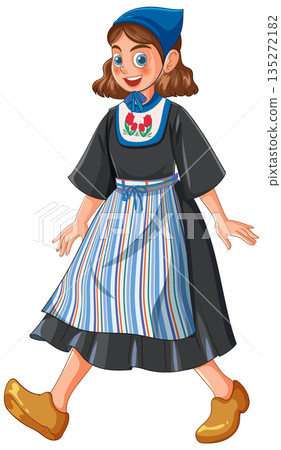 Dutch Girl Walking in Traditional Folk Costume Illustration Dutch Girl Walking in Traditional Folk Costume Illustration 135272182