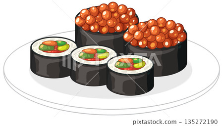 Vector Illustration of Salmon Roe Gunkan and Maki Sushi Rolls 135272190