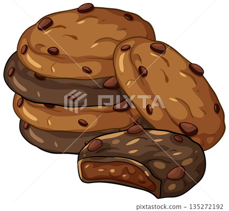 Stack of Chocolate Chip Cookies and a Bitten Cookie Vector Illustration 135272192
