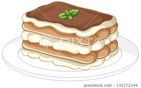 Layered Tiramisu Cake with Mint Garnish on a White Plate Layered Tiramisu Cake with Mint Garnish on a White Plate 135272194