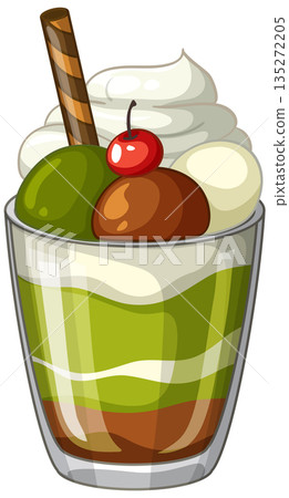 Matcha and Chocolate Ice Cream Parfait with Whipped Cream and Cherry 135272205