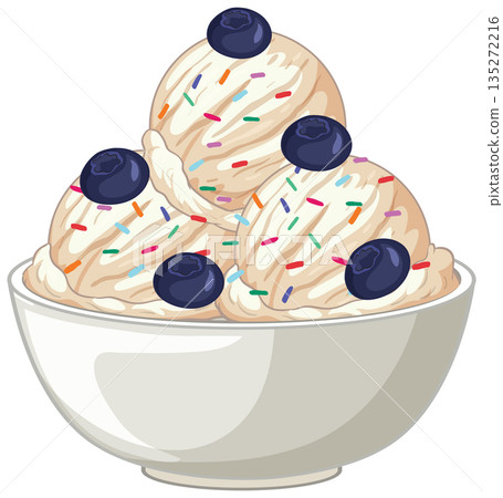 Vanilla Ice Cream Scoops with Blueberries and Sprinkles in a Bowl 135272216