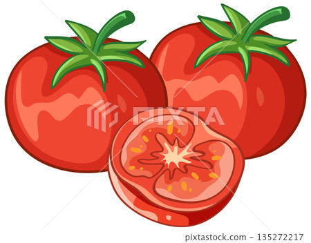 Vector Illustration of Two Whole Red Tomatoes and One Sliced Half 135272217