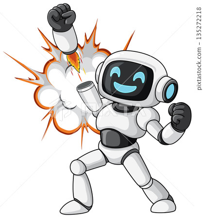 Smiling Robot Celebrates with Fist Pump and Explosion Smiling Robot Celebrates with Fist Pump and Explosion 135272218