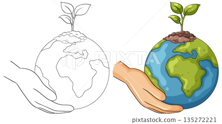Human Hand Holding Earth with Growing Plant Illustration 135272221