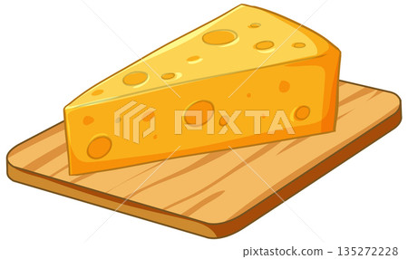 Vector Illustration of a Wedge of Swiss Cheese on a Wooden Board 135272228