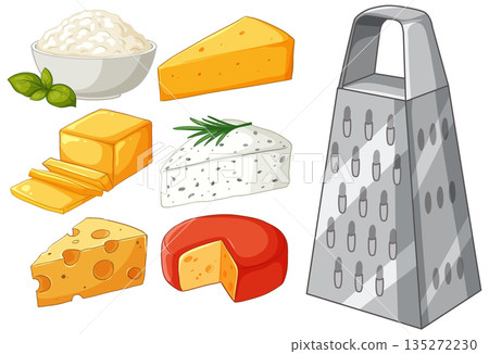 Assorted Cheese Varieties and Metal Grater Vector Illustration Set 135272230