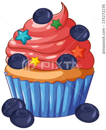 Delicious Blueberry Cupcake with Pink Swirl Frosting and Colorful Star Sprinkles 135272236