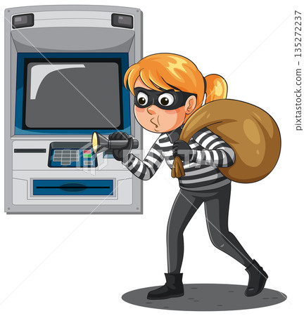 Cartoon Thief Robbing ATM with Flashlight and Sack Cartoon Thief Robbing ATM with Flashlight and Sack 135272237