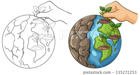 Hand Planting Seedlings on Cracked Earth Globe Illustration Hand Planting Seedlings on Cracked Earth Globe Illustration 135272253