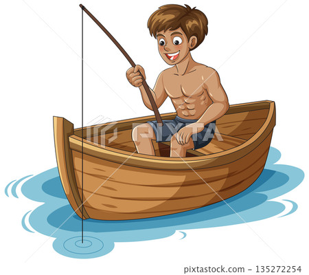 Shirtless Boy Fishing in Wooden Rowboat on Water 135272254