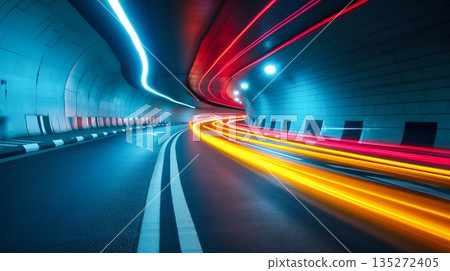Light Trails in Urban Tunnel at Night. Generative ai 135272405