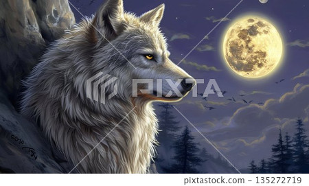 Majestic White Wolf Howling at the Full Moon. Generative ai Majestic White Wolf Howling at the Full Moon. Generative ai 135272719