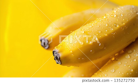 Fresh Bananas with Water Drops on Yellow Background. Generative ai Fresh Bananas with Water Drops on Yellow Background. Generative ai 135272750