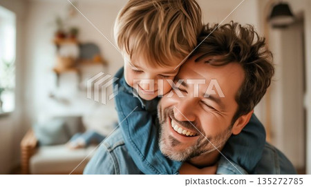 Joyful Father and Son Sharing a Piggyback Ride and Laughter. Generative ai Joyful Father and Son Sharing a Piggyback Ride and Laughter. Generative ai 135272785