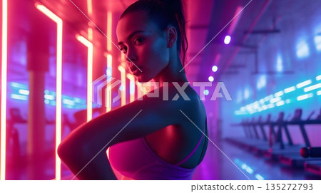 Focused Female Athlete in Neon Lights at Gym. Generative ai 135272793