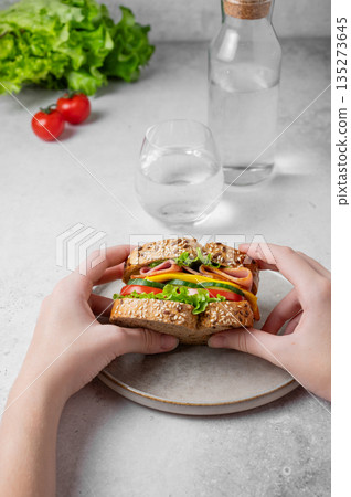 A hands holding a sandwich with ham, cheese, lettuce, and vegetable over a plate on a light background 135273645