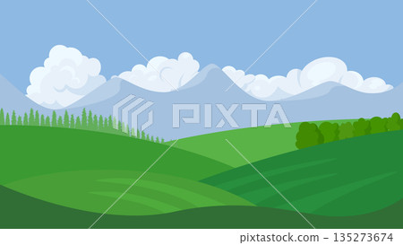 landscape with fields, mountains and cloudy sky 135273674