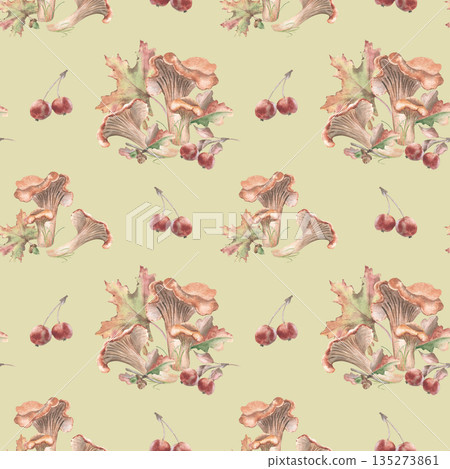 Seamless autumn forest pattern with mushrooms, wild apples leaves isolated on green. Hand painted watercolor repeated design in neutral tones for stationery, branding, and nature inspired gift wrap. Seamless autumn forest pattern with mushrooms, wild apples leaves isolated on green. Hand painted watercolor repeated design in neutral tones for stationery, branding, and nature inspired gift wrap. 135273861