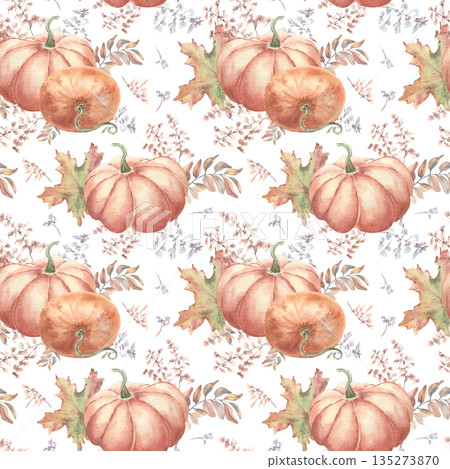 Watercolor seamless pattern of botanical autumn elements neutral tones. Pumpkins and soft abstract branches hand painted in muted pastel palette. Fall background for wedding, gift wraps, stationary. Watercolor seamless pattern of botanical autumn elements neutral tones. Pumpkins and soft abstract branches hand painted in muted pastel palette. Fall background for wedding, gift wraps, stationary. 135273870