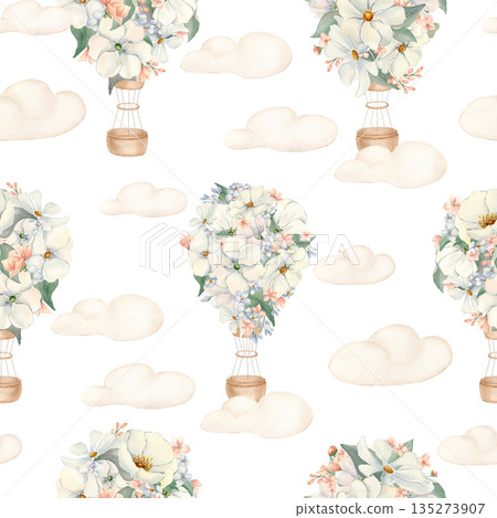 Nursery seamless pattern with hot air balloons on clouds neutral colors. Balloons with cosmos flowers, anemone watercolor hand drawn. Endless background for child bedding, wallpaper. Infant fabrics. Nursery seamless pattern with hot air balloons on clouds neutral colors. Balloons with cosmos flowers, anemone watercolor hand drawn. Endless background for child bedding, wallpaper. Infant fabrics. 135273907