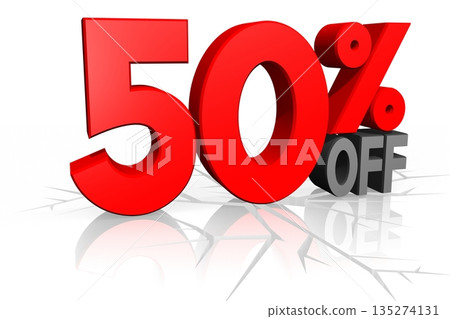 50 percent off - red word on white background - 3D illustration 135274131