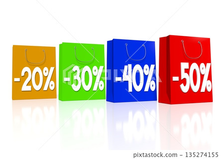 Colorful shopping bags with 20, 30, 40 and 50 percent sign information - 3D illustration 135274155