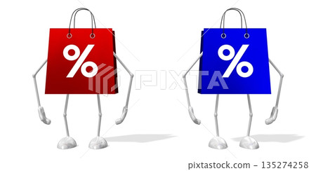 Cartoon shopping bags with percent signs - 3D illustration 135274258
