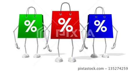 Cartoon shopping bags with percent signs - 3D illustration 135274259