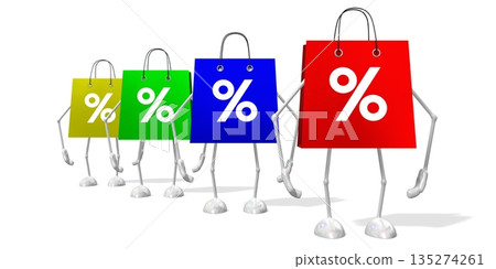 Cartoon shopping bags with percent signs - 3D illustration Cartoon shopping bags with percent signs - 3D illustration 135274261