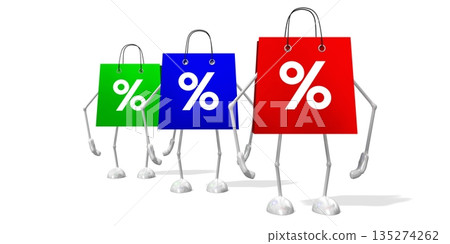 Cartoon shopping bags with percent signs - 3D illustration Cartoon shopping bags with percent signs - 3D illustration 135274262