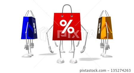 Cartoon shopping bags with percent signs - 3D illustration Cartoon shopping bags with percent signs - 3D illustration 135274263