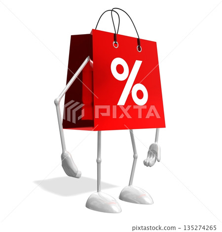 Red cartoon shopping bag with percent sign - 3D illustration 135274265