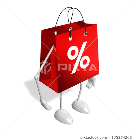 Red cartoon shopping bag with percent sign - 3D illustration 135274266