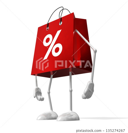 Red cartoon shopping bag with percent sign - 3D illustration 135274267