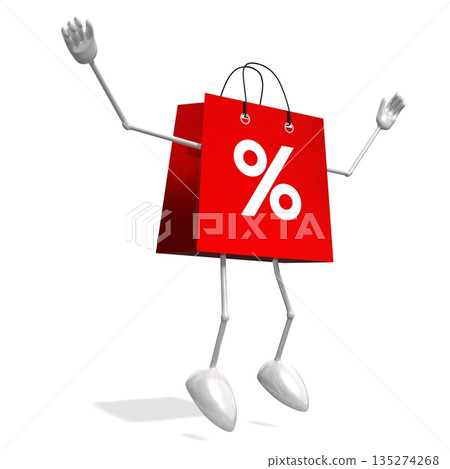 Jumping red cartoon shopping bag with percent sign - 3D illustration 135274268