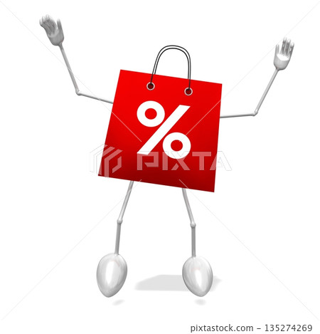 Jumping red cartoon shopping bag with percent sign - 3D illustration 135274269